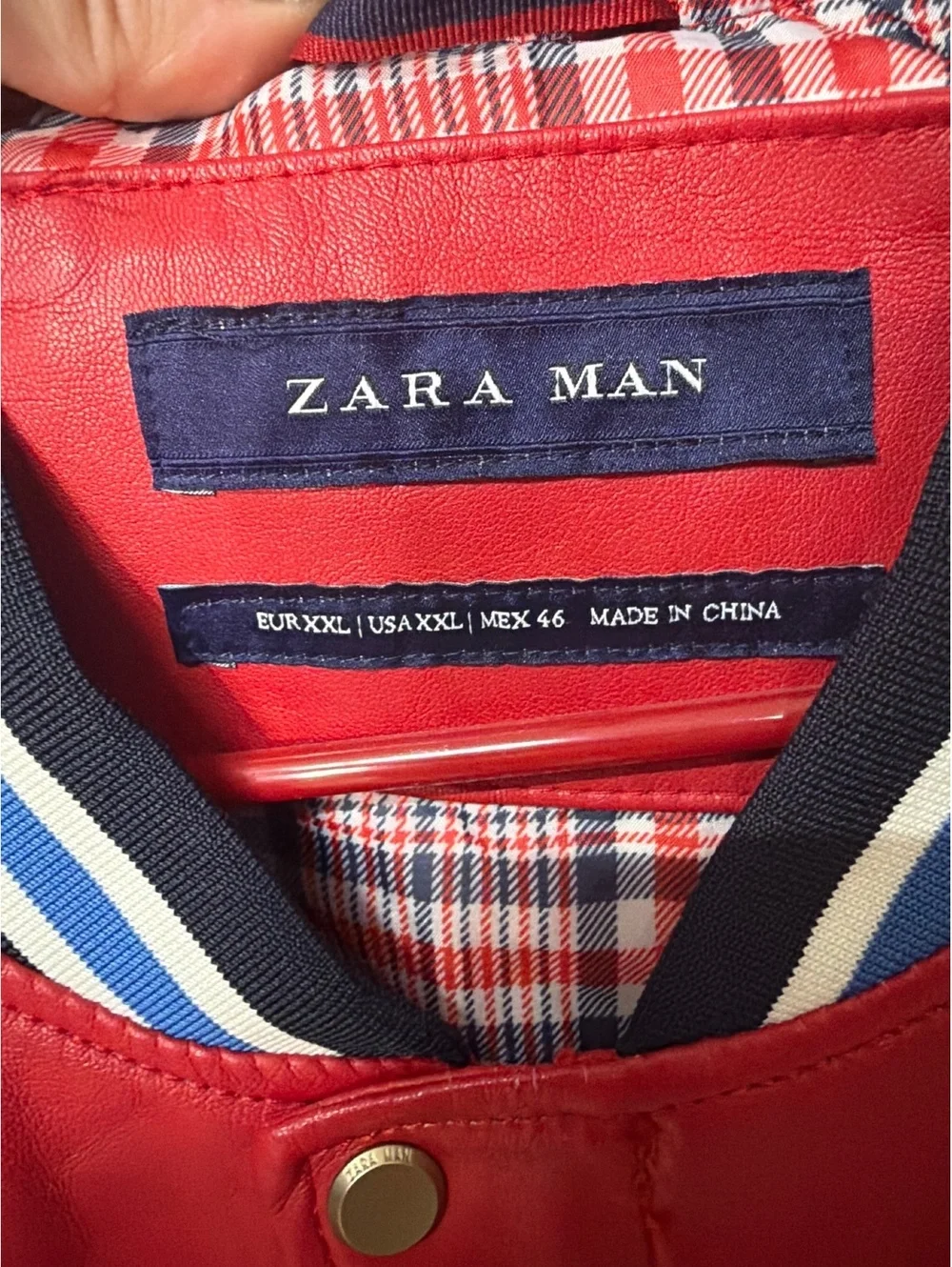 Zara Man XXL Red and Navy Leather Bomber Jacket
